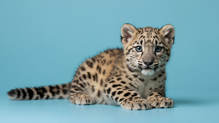 Naklejka premium A cute snow leopard cub lying down on a blue background. Young irbis looking at the camera.