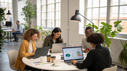 Photorealistic modern office with diverse people working at a round table, laptops and charts, minimalistic interior with plants and natural light