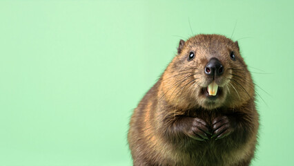 Close-up portrait of a happy beaver on a green background. Cute kit with copy space.