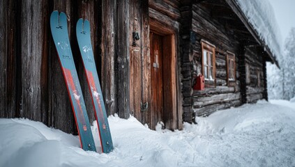 Ski poles leaning against a log cabin in snowy landscape