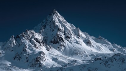 Majestic snow-capped mountain peak against a dark blue sky