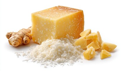 Naklejka premium Block of Parmesan cheese, grated Parmesan, and ginger root