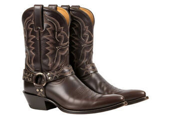 Pair of Brown Leather Cowboy Boots with Decorative Stitching and Harness Detail.