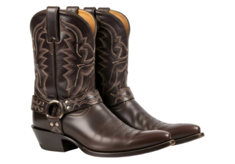 Pair of Brown Leather Cowboy Boots with Decorative Stitching and Harness Detail.