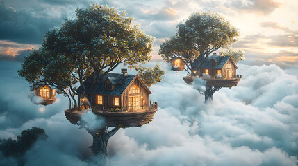 Dreamy image of two floating houses nestled among the clouds evoking a sense of serenity and wonder