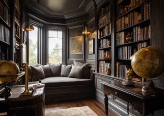 A luxurious, dark study boasts a cozy reading nook and extensive bookcases.