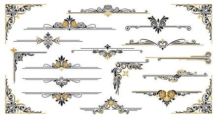 A collection of black and gold decorative borders and corners on a white background design elements
