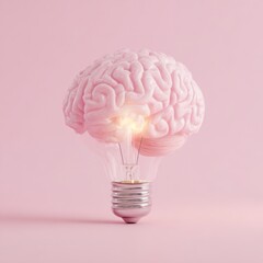Pink brain inside a lightbulb, bright idea