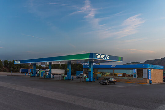 Hellin,Albacete,Spain,8/6/2025; Moeve energy company service station at sunset