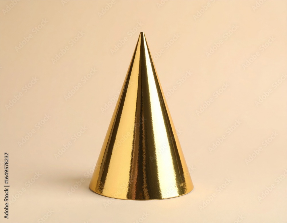 Poster isolated gold cone shape structure with reflections on beige background
