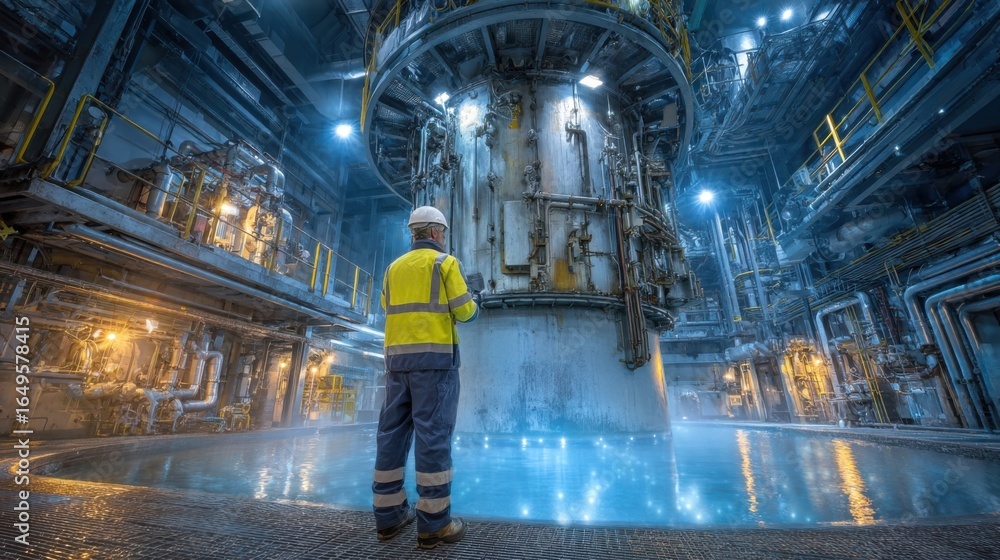 Poster a technician in safety gear conducting a detailed inspection of a gpu mounted within a large immersi
