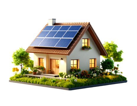 Sustainable Energy Mini House with Solar Panels and Plants PNG - Powered by Adobe