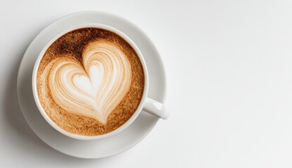 A heart-shaped latte art design on a white coffee cup