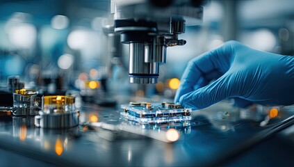 Close-up of a gloved hand manipulating a microchip on a transparent circuit board under a microscope.  Laboratory setting with various equipment