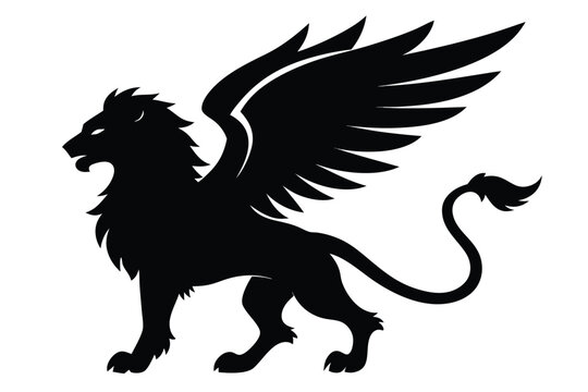 Black silhouette of a majestic griffin, a mythical creature, standing proud