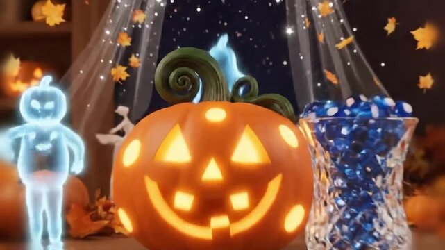 Curly-stem jack-o&rsquo;-lantern dances wildly before giggling and deflating like a balloon, releasing holographic squash spirits breakdancing with sapphire vase