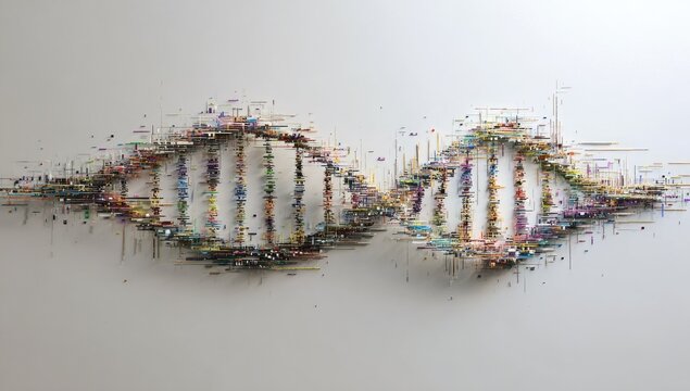 Abstract double helix.  A fragmented, colorful double helix design against a plain white background.  Bits of various colors form the DNA strands, creating a textured, slightly chaotic look. 