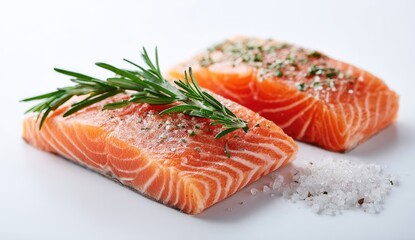 Two raw salmon fillets, seasoned with herbs and salt,  rest on a white surface.  Fresh, healthy, and ready to cook