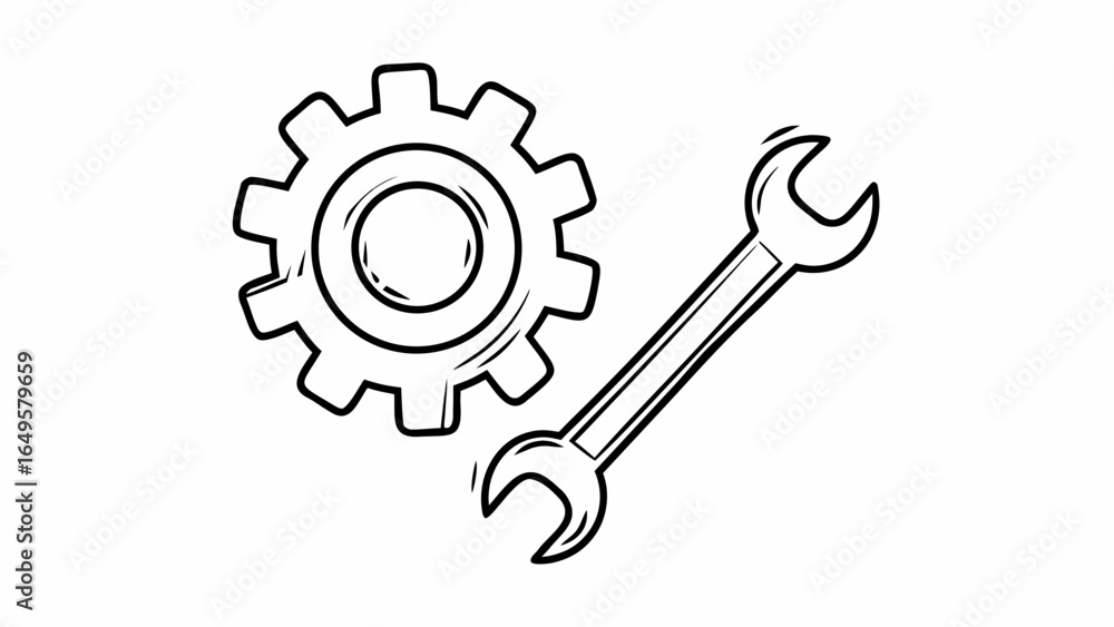 Poster a simple outline drawing of a gear and a wrench on a white background in a vector style image create