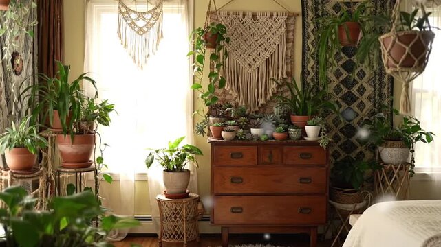 Indoor room a dresser topped with plants sits between windows surrounded by various potted plants