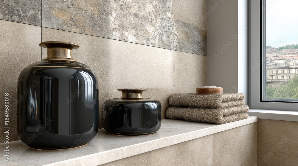 Poster stylish bathroom decor with elegant vases and neatly stacked towels in a modern space overlooking a 