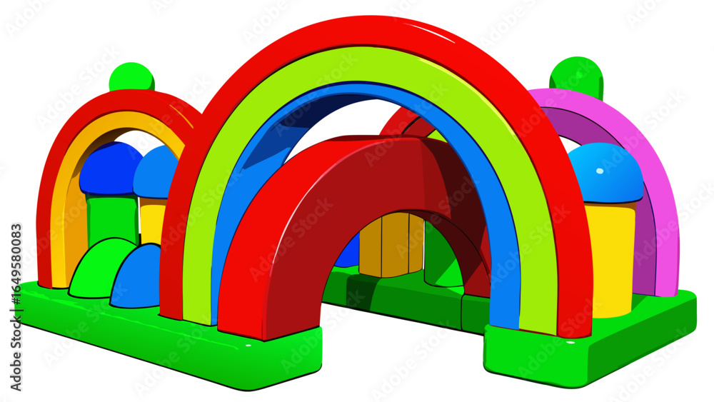 Poster colorful arched structure with rainbow design and building block elements on a green base platform c