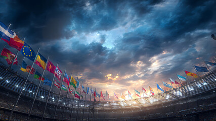 International Flags Waving in a Sports Stadium Under a Dramatic Sunset Sky