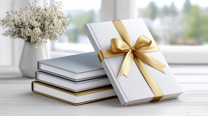 Elegant gift wrapping on books with a decorated set in a cozy setting