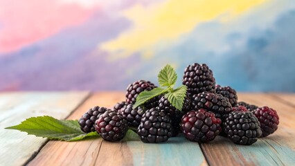 A pile of blackberries with green leaves on a wooden surface against a colorful background