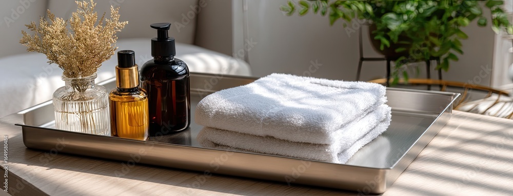 Poster relaxing spa setup with towels and essential oils on a sunny table in a tranquil indoor space