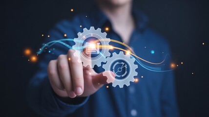 Person activating futuristic gears representing business and technology innovation concept