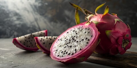 Close up of dragon fruit with slices on a gray surface against a dark textured background