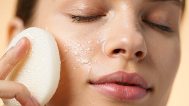 Close-up of a woman using a soft wet sponge to cleanse and refresh her skin, water droplets visible on the face