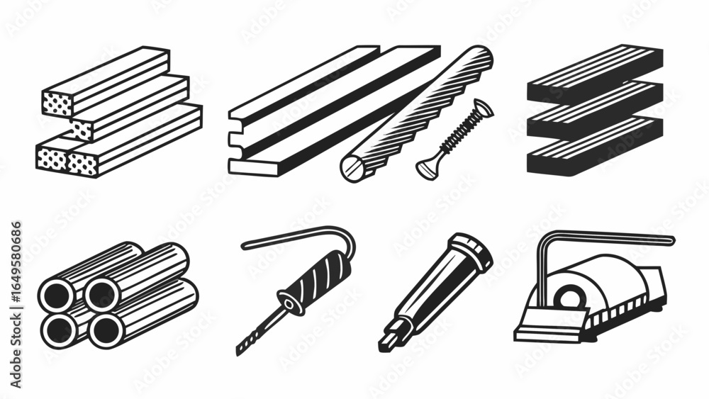 Poster illustration of various construction materials and tools in a black and white drawing style format c