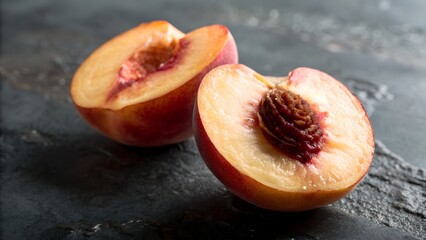 Close up of two peach halves with one showing the pit on a dark textured surface in soft lighting