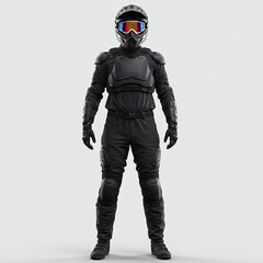 Obraz premium Full body shot of BMX rider in complete black protective racing gear with helmet and body armor standing in ready position isolated on white background for equipment showcase