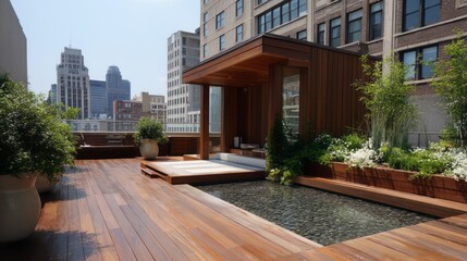 Fototapeta premium Urban rooftop deck with water feature and landscaping.