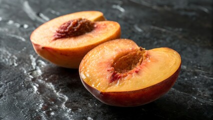 Two peach halves with pits displayed on a dark textured surface in close up studio lighting