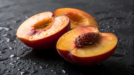Close up of sliced peaches on a dark surface with water droplets creating a fresh and juicy look
