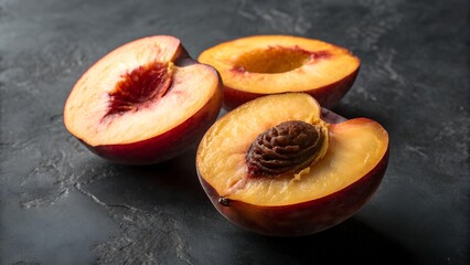Close up of three peach halves on a dark background with one showing the pit and bright colors