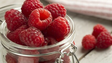 A close up of fresh raspberries filling a glass jar on a white wooden surface with cloth nearby