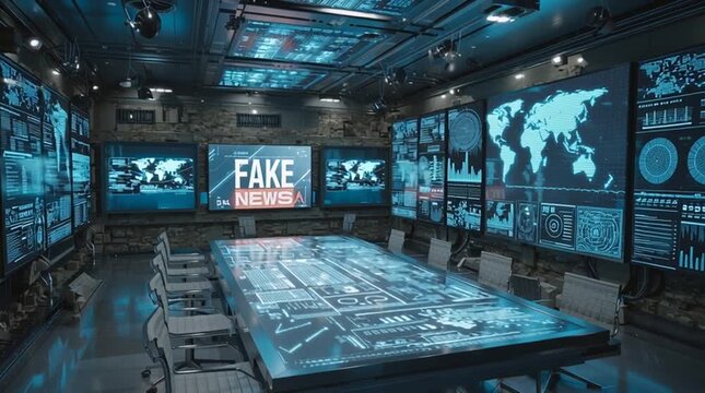 A vast digital control room monitors and disseminates fake news highlighting concerns about media manipulation.	
