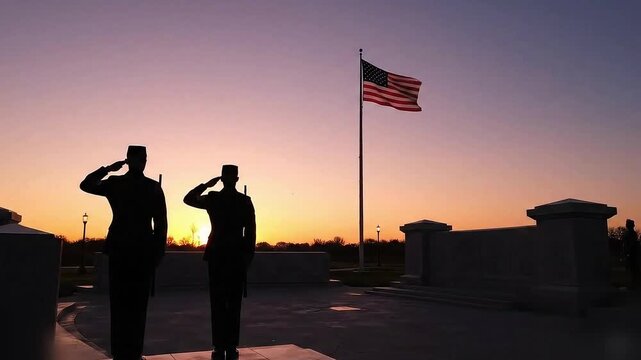 Sunrise over memorial with soldiers saluting, flag lowered in peaceful tribute