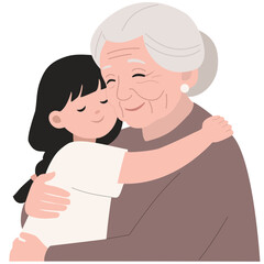 A young girl with a smile hugs an elderly woman in a loving embrace. Vector. Transparent background. Isolated.