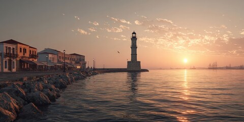Fototapeta premium Sunset Behind Lighthouse in Historic Venetian Port in Greece