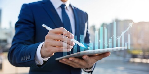 Businessman with Tablet and Graph, financial business growth and strategy, data analysis.