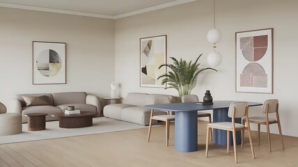 Japandi, minimalist interior design of modern living room. Dining room with blue dining table and stylish chairs.