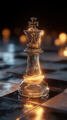 Golden chess king, glowing on a board