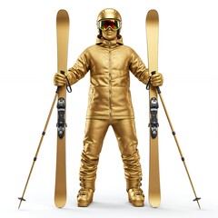 Obraz premium Male skier in gold metallic ski suit with helmet and goggles holding skis on white studio background luxury winter sportswear