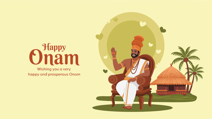 Happy Onam greeting with traditional Kerala man waving, festive house, palm trees, and circular decorative background
